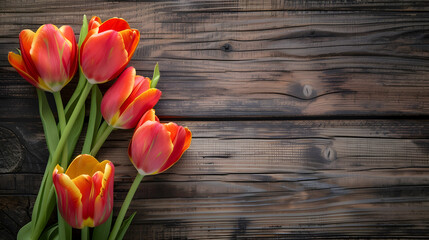 beautiful tulips on wooden background : Generative AI