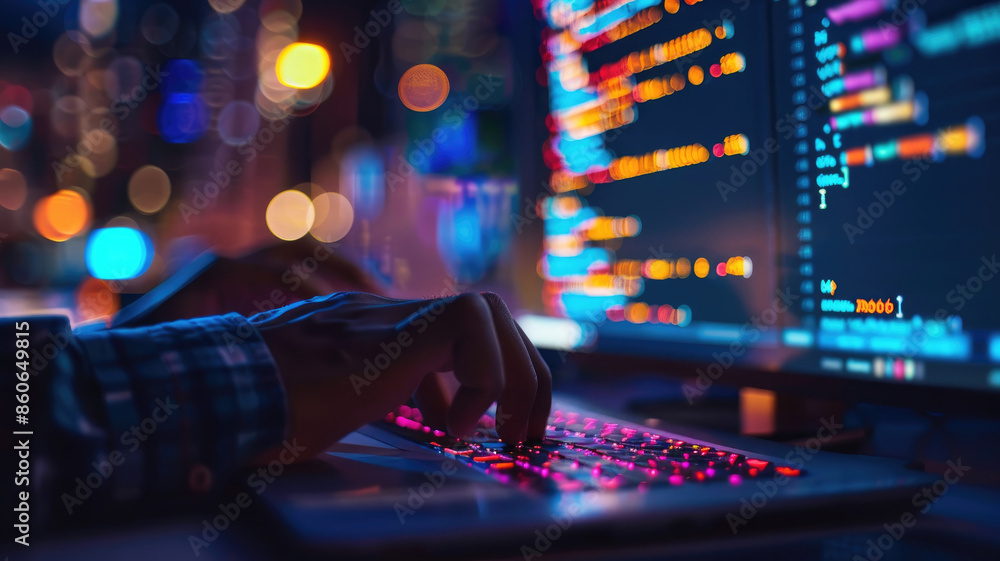 Poster person coding on backlit keyboard in dark room with screen glow
