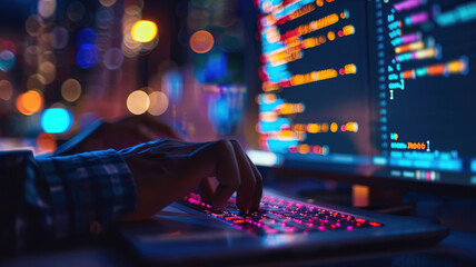 Person coding on backlit keyboard in dark room with screen glow