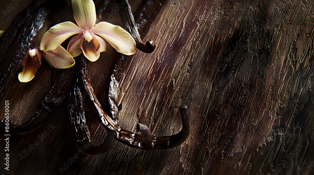 Poster Vanilla flowers and pods close up Vanilla beans over wooden background macro shot Aromatic condiments : Generative AI