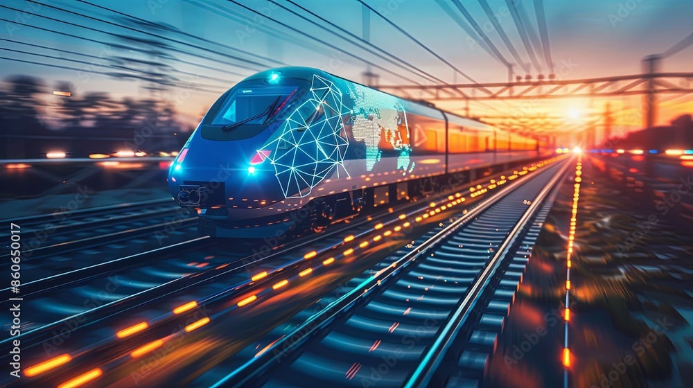 Canvas Prints a high-tech train with glowing features captured moving at high speed through a scenic landscape dur