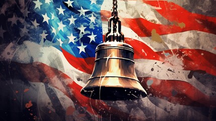 Digital illustration of Liberty Bell and American flag. Detailed cracks, flag waving, bright and bold colors, symbolic of freedom and national pride, ideal for patriotic themes.