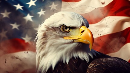 Naklejka premium Dynamic wallpaper of an eagle with the American flag. Realistic textures, flag elements, bright and bold colors, perfect for a patriotic and inspiring background.