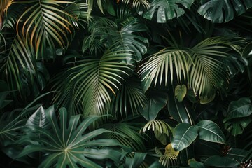 Lush tropical foliage with large palm and monstera leaves in deep green hues, creating a dense jungle atmosphere, ideal for nature themes, tropical aesthetic