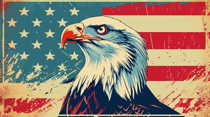 Eagle and 4th of July typography on Independence Day poster. Detailed eagle, bold and festive text, vibrant colors, symbolizing American pride and celebration.