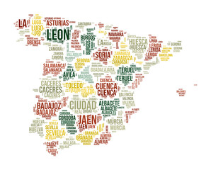 Spain Word Cloud. Country shape with region division. Spain typography style image. Region names tag clouds. Vector illustration.