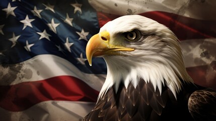 Eagle and USA flag wallpaper. Majestic eagle, detailed flag, blue sky, vibrant and patriotic, capturing the spirit of freedom and national pride.