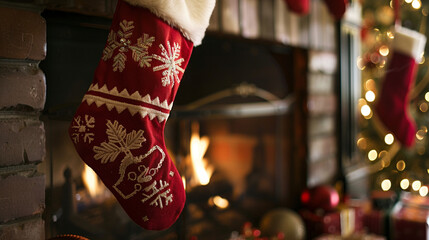 Close-up of a Christmas stocking hung by the fireplace