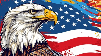 Illustrated scene of an eagle beside a waving USA flag. Majestic eagle, detailed feathers, flag rippling, bright colors, symbolic of freedom and patriotism.