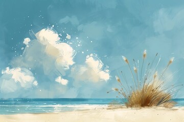 Obraz premium beach scene blue sky white clouds favorite summer cloud sand rust sea loosely cropped drawing