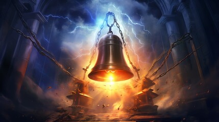Illustration of lightning striking the Liberty Bell. Vivid lightning bolt, detailed bell, dark clouds, intense and powerful, capturing a dramatic and symbolic scene.