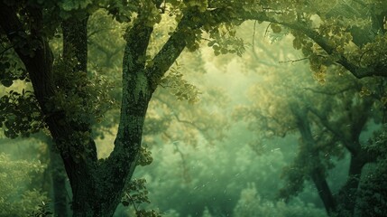 Fototapeta premium Textured tree trunks in a foggy forest