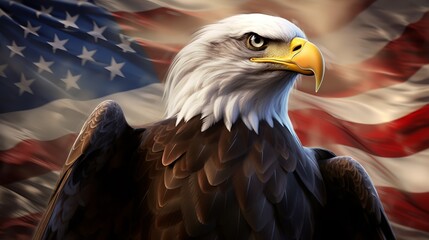 Naklejka premium Illustrator image of an eagle standing beside the USA flag. Majestic eagle, detailed feathers, American flag in the background, vibrant colors, capturing patriotism and the symbolism of freedom.