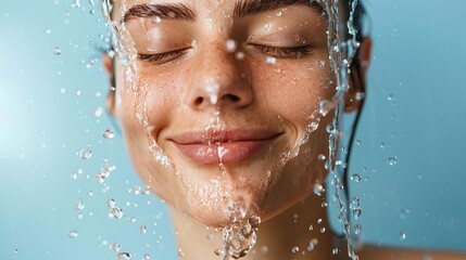 Close-up of a woman's face with eyes closed, refreshed by a splash of clear water against a blue background.