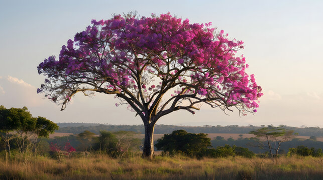 Pink lapacho tree at suns back light Transpantaneira road Pantanal Matogrossense POCONE MATO GROSSO BRAZIL : Generative AI