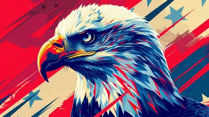 Independence Day poster with eagle and 4th of July typography. Bold eagle illustration, patriotic text, vibrant red, white, and blue colors, capturing the spirit of celebration and national pride.