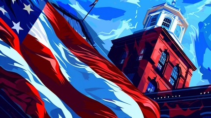 Independence Hall and USA flag wallpaper. Detailed architecture, flag waving, vibrant and patriotic colors, symbolizing American heritage and national pride.