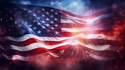 Independence Day wallpaper featuring the USA flag. Flag waving proudly, fireworks in the background, vibrant and dynamic colors, symbolizing freedom and celebration.