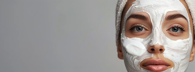 Close-up of a woman's face with a white face mask and towel headwrap, focusing on her eyes, against a gray background. With copy space for text.