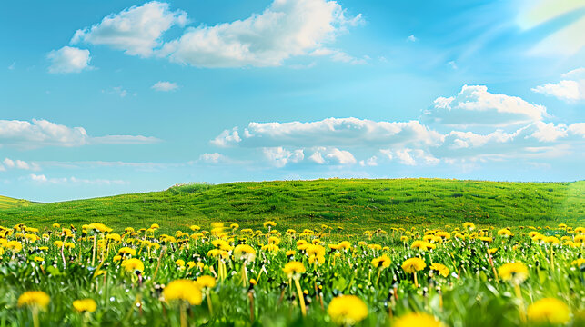 Green field with yellow dandelions and blue sky Panoramic view to grass and flowers on the hill on sunny spring day : Generative AI
