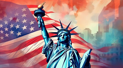 Obraz premium Statue of Liberty with eagle and flag in illustrator style. Detailed and vibrant, eagle soaring, flag fluttering, iconic statue, capturing the spirit of freedom and national pride.