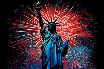 Typography, fireworks, and Statue of Liberty on 4th of July Independence Day poster. Detailed statue, bright and bold text, dynamic fireworks, vibrant colors, celebrating freedom and patriotism.
