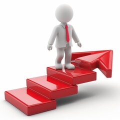 3D rendering of a businessman confidently climbing a red arrow on stairs. Dressed in a white shirt, red tie, and white shoes. Suitable for presentations and stock agencies