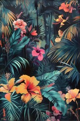 Lush tropical scene with dark background and vividly colored flowers like hibiscus and plumeria among dense foliage, creating a striking artistic contrast, tropical aesthetic