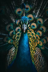 Obraz premium peacock blue tail green head anthropomorphism decollete amazing inspiring brightly colored portrait cartoon animal