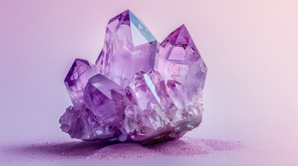 Fototapeta premium Translucent amethyst crystal cluster on resting soft pastel surface facets studio sharp dreamy minimal workspace fashion beauty