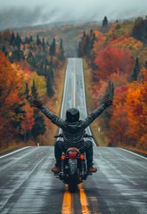 man motorcycle arms outstretched road foliage clothing perspective giving middle finger view high red wings pure joy visualize motivation fall season profile