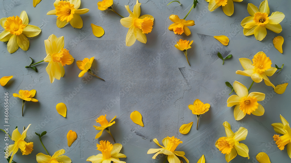 Poster flowers composition frame made of yellow flowers on gray background flat lay top view square copy sp