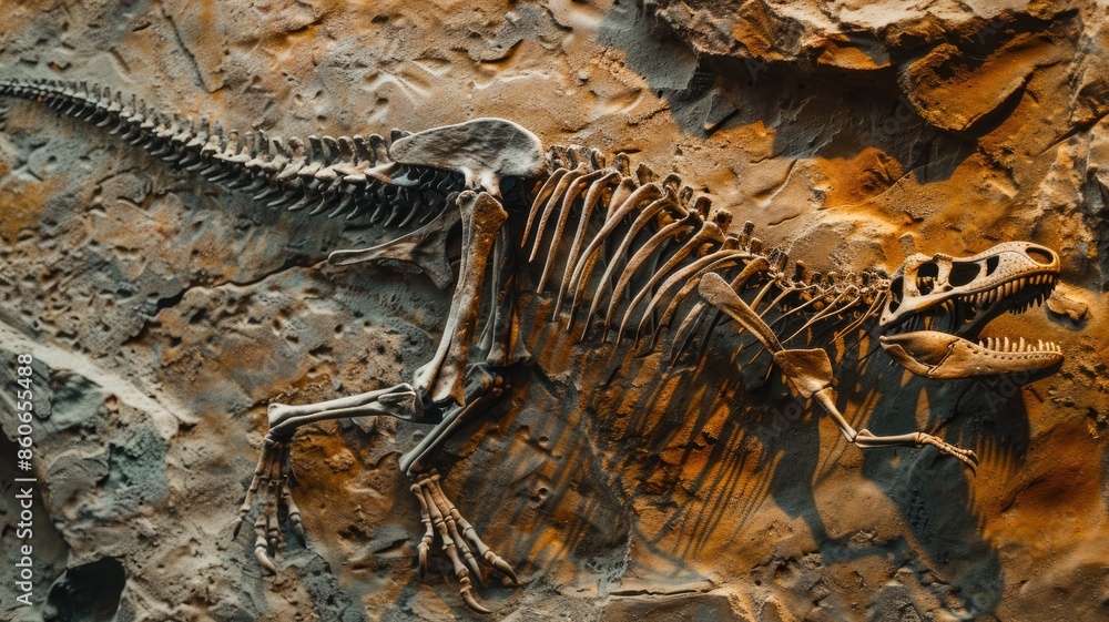 Aufkleber fossil of dinosaur skeleton embedded in rock