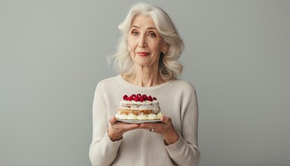 A smiling elderly woman in a sweater holds a cake topped with cherries and creamy icing