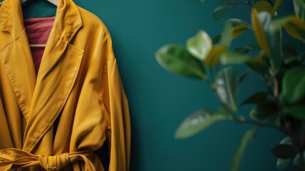 Fototapeta premium Bright yellow robe on hanger against teal wall with plant side