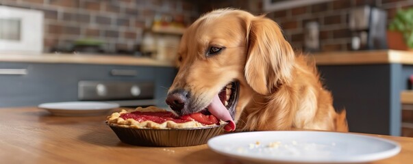 A golden retriever dog enjoys a cherry pie on a kitchen countertop, tongue out, savoring the treat