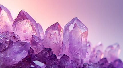 Fototapeta premium Vibrant close-up amethyst crystal points shimmering pink purple gradient gemstone formation depths design background