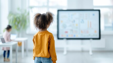 Modern Classroom of the Future, Students Engaged with Interactive Whiteboard for Innovative Learning