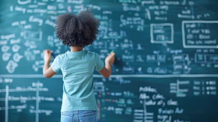 Child Solving Math Equations on Chalkboard in Classroom