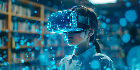 Niña asiatica con lentes de realidad virtual en una escuela o biblioteca aprendiendo sobre tecnología 