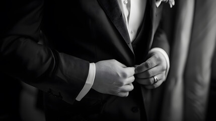 Obraz premium Young businessman or groom fasten button of his blue jacket the groom fastens his jacket The morning of the groom bridegrooms fees Soft focus black and white photo : Generative AI