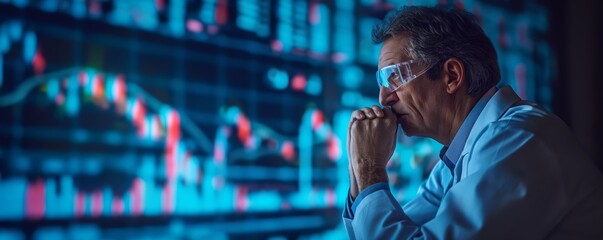 A businessman is seen contemplating while looking at fluctuating stock market graphs on a digital screen