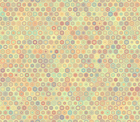 Pattern of hexagon shapes. Rounded stacked hexagons mosaic pattern. Hexagon shapes. Multiple tones color palette. Seamless pattern. Tileable vector illustration.