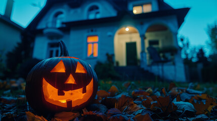 Obraz premium Halloween Abend mit Kürbiskopf. Kürbis vor dem Haus an Halloween bei Nacht