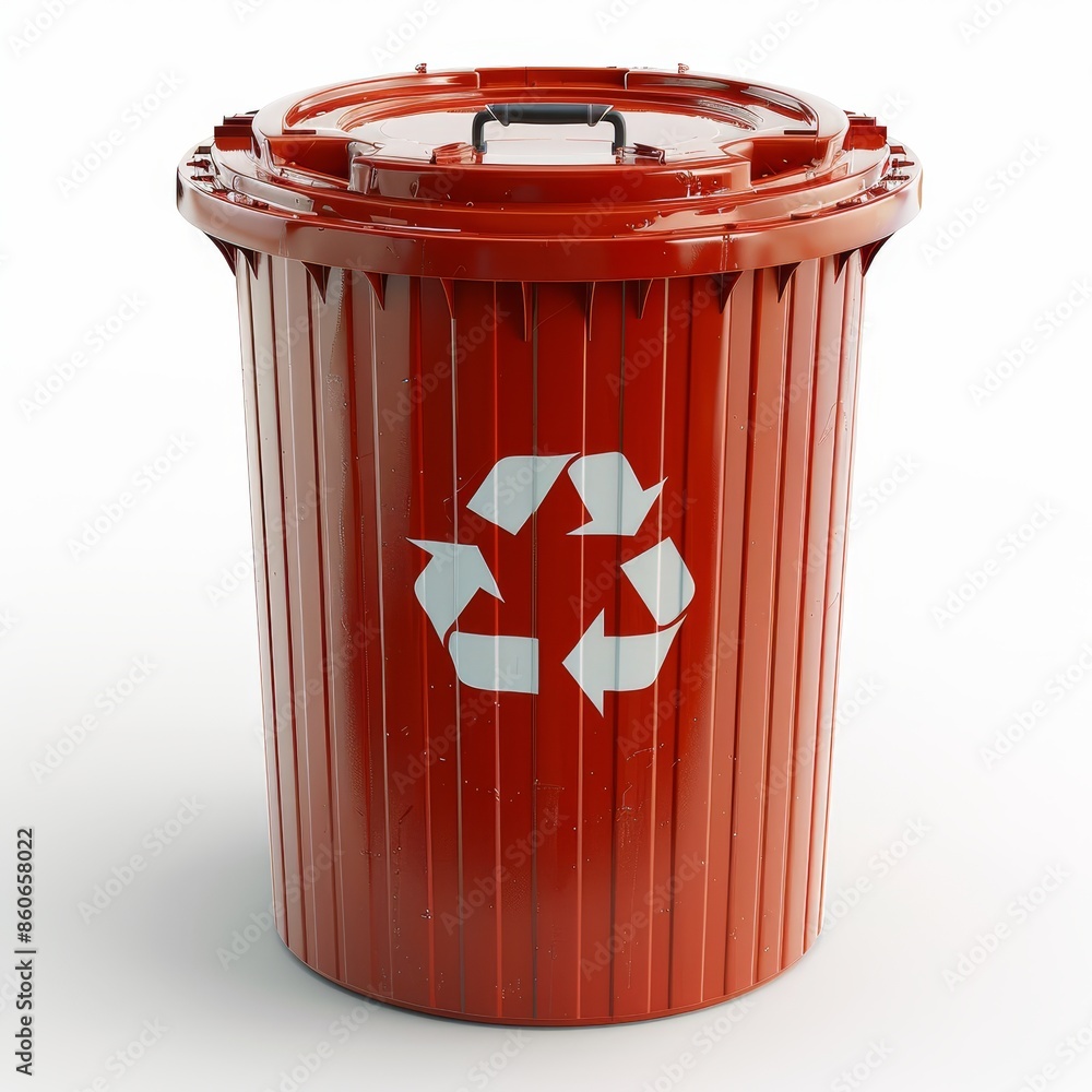 Poster a red plastic recycle bin with a white recycle logo on the front is isolated on a white background. 