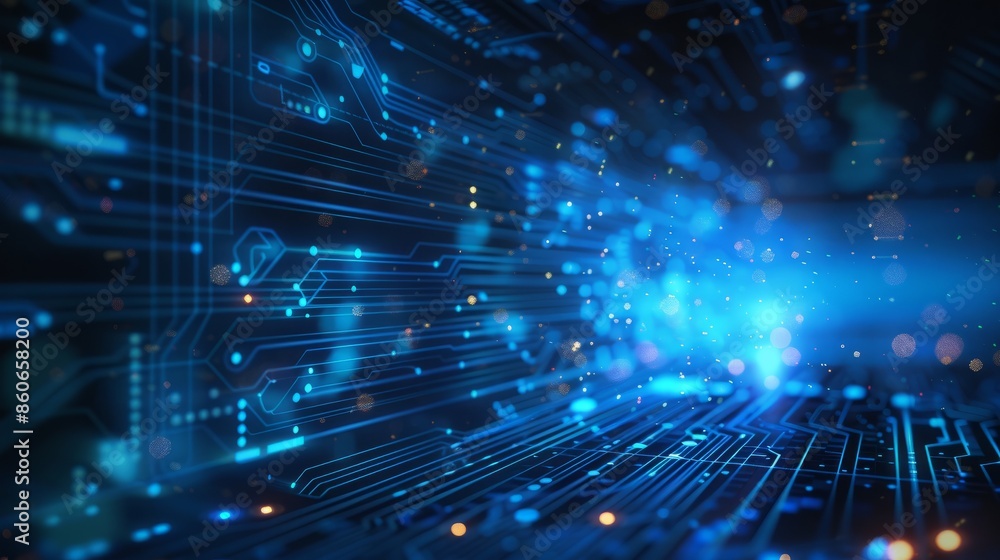 Poster blue technology background with circuitry lines and bokeh lights