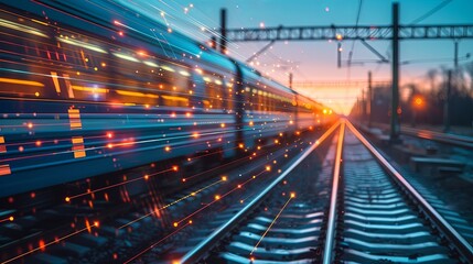 A fast-moving train is captured on tracks at dusk, complemented with abstract digital elements and light trails that enhance the sense of speed and futuristic travel.