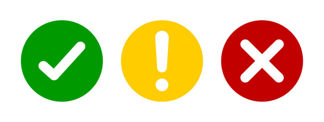 Set of flat round check mark, exclamation point, X mark icons, buttons isolated on a white background. Green check mark, exclamation point, red cross mark icon set. Vector illustration.