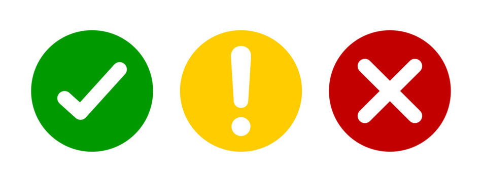 Set of flat round check mark, exclamation point, X mark icons, buttons isolated on a white background. Green check mark, exclamation point, red cross mark icon set. Vector illustration.