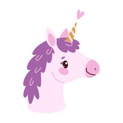Cute lavender magical unicorn. Romantic magical pony Hand drawn flat style isolated for Greeting card, poster, print, t-shirt, party concept, kids books, wallpapers. Vector illustration